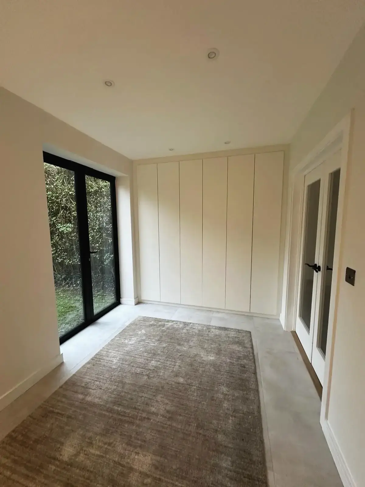 Minimalist room with built-in wardrobes and large glass door