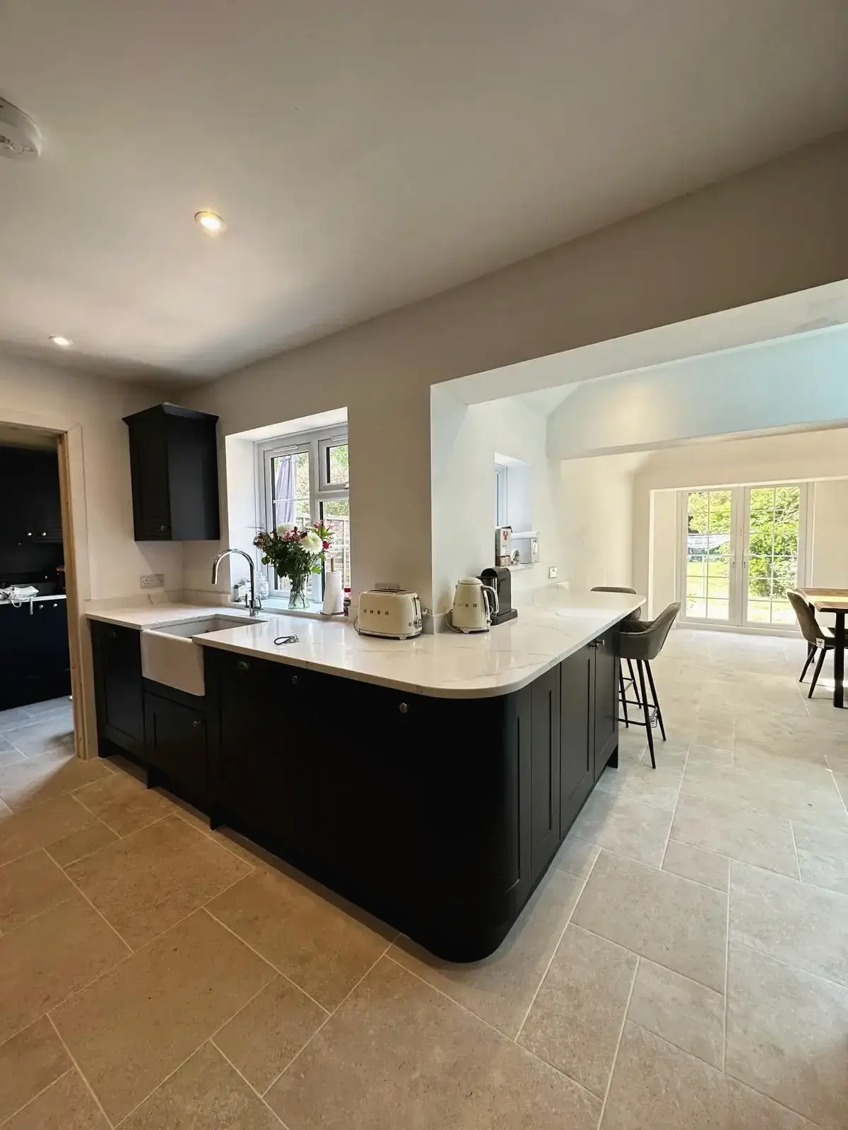 Spacious kitchen island with seating area